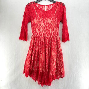 Free People A-Line Dress Women's Sz 0 Red Floral Embroidered Mesh Lace Pleated